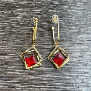 Vintage Red Gold Tone Earrings Rhinestone Long Tassel Dangle Earrings Drop